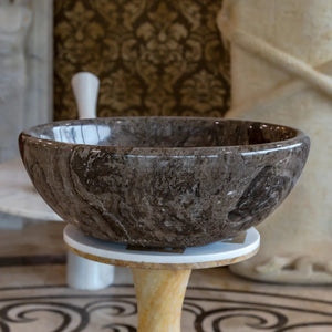 Narcist brown marble vessel sink, natural stone, high-gloss finish, 16-inch diameter, 6-inch height, Villohome