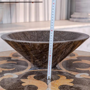 Narcist brown marble V-shaped tapered sink, polished, 16-inch diameter, 6-inch height.