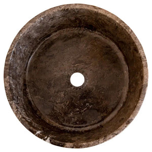 Narcist brown marble vessel sink by Villohome; round, high-gloss, 16-inch diameter with center drain.
