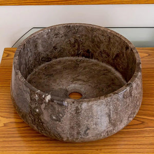 Narcist brown marble vessel sink by Villohome, round high-gloss countertop basin, 16-inch diameter, 6.5-inch height