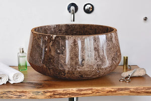 Narcist brown marble vessel sink by Villohome, high-gloss polished finish, 16in diameter x 6.5in high