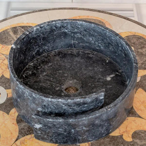 Stone sink, black marble design; round above-vanity bathroom vessel, polished finish, 16in diameter x 6in height