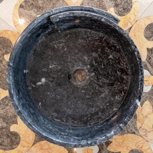 Round black marble bathroom sink vessel with polished finish, 16in diameter, 6in height