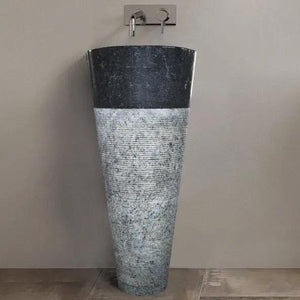 Natural stone black marble stand-alone conical bathroom pedestal sink; dark top with speckled gray base.