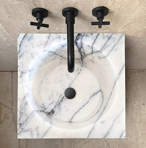 Natural Stone New York White Marble pedestal sink with black matte faucet