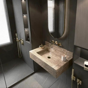 Bathroom travertine stone wall-mount sink by MEG Custom Marble, beige stone, 24x16x5 in