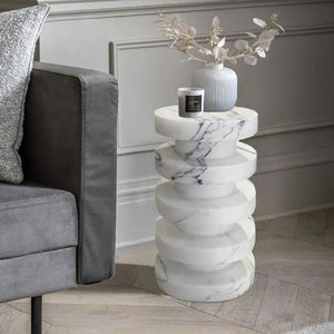 New York Marble Plinth end table by Villohome, polished white marble, 12 in dia x 24 in high