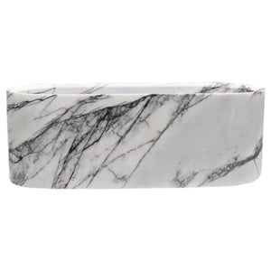 New York Marble Bathtub by Villohome, hand-carved solid marble, white with gray veining, rectangular tub
