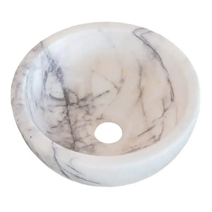Villohome New York White Marble Round Bathroom Sink, 12-inch diameter, polished with center drain