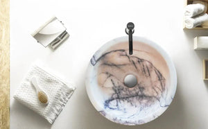 New York White Marble Round Bathroom Sink by Villohome with Bathco faucet, polished finish