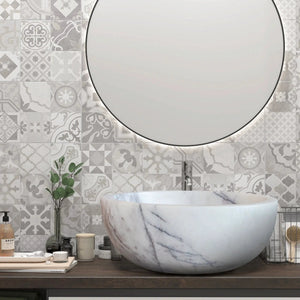 New York White Marble Round Bathroom Vessel Sink by Villohome, polished white with gray veins, 12in dia x 5in high