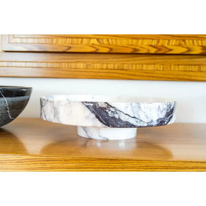 New York Marble round vanity sink, white natural stone with gray veining, polished, 15.5in dia x 4.5in high