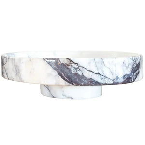 Villohome New York Marble round above-counter vanity sink, polished stone with white veining, 15.5-inch diameter.