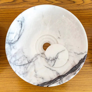 New York Marble round above-counter bathroom sink by Villohome; white stone with gray veining, polished finish, 15.5 in dia