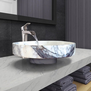 Villohome New York Marble round above-counter bathroom sink, polished natural stone with blue-gray veining.