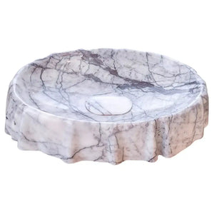 New York Marble Designer Vessel Sink by Villohome, polished white marble with gray veining for bathroom vanity.