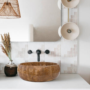 Villohome Noce Brown travertine stone bathroom sink, above-counter vessel, polished 16-inch diameter
