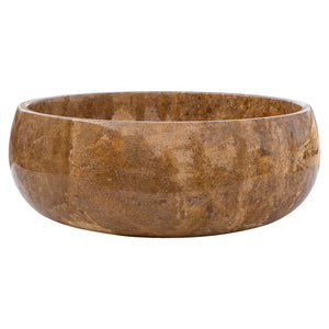 Noce Brown travertine round above-counter bathroom sink by Villohome, polished, 16in diameter