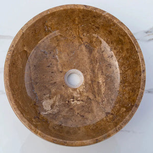 Noce Brown travertine stone bathroom sink, round vessel with polished finish, 16-inch diameter