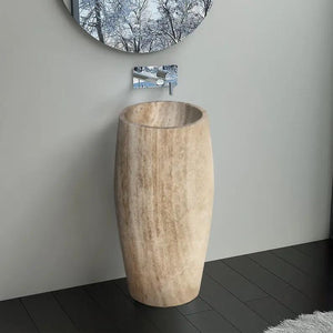 Villohome Walnut Travertine Pedestal Sink, curved beige stone standalone bathroom sink