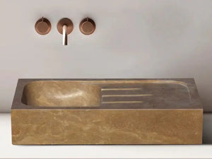 Noce Brown Travertine Rectangular Farmhouse Sink; travertine stone bathroom sink with built-in drainage grooves.