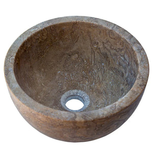 Villohome Noce Brown travertine round bathroom sink, natural stone basin, 12.5 in diameter, 6 in high