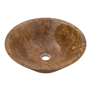 Villohome Noce Brown travertine bathroom sink, round stone basin with natural veining and center drain