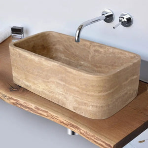 Noce Brown travertine farmhouse kitchen sink by Villohome; hand-carved apron basin, 18W x 30L x 10H.