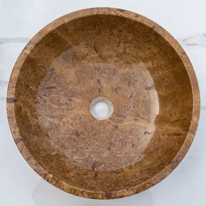 Noce Brown travertine bathroom sink, round above-vanity vessel, 16x6 in.