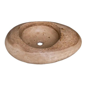 Villohome Noce Travertine bathroom vessel sink, kayak-design natural stone in beige-brown.