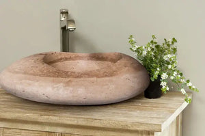 Villohome Noce Travertine bathroom vessel sink, kayak-design, beige natural stone on wood vanity