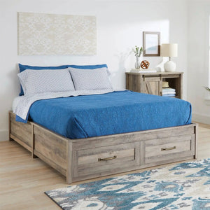 FarmHome platform bed frame with storage drawers, queen size, rustic gray wood.