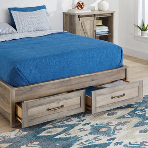 FarmHome Platform Bed Frame with two under-bed storage drawers, queen size, weathered gray wood