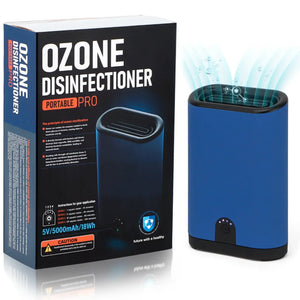 Portable Ozone Generator Air Purifier by JHY DESIGN, blue unit beside its box