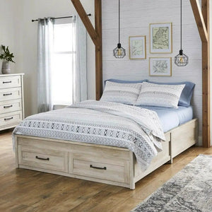 Queen Farmhome platform bed with storage drawers in off-white wood finish; bed and white dresser visible.