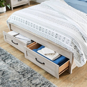 HomePacific Queen Farmhome platform bed with under-bed storage drawers in off-white wood finish.