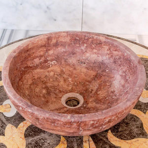 Villohome red travertine round vessel bathroom sink, 16 in diameter, honed matte finish.