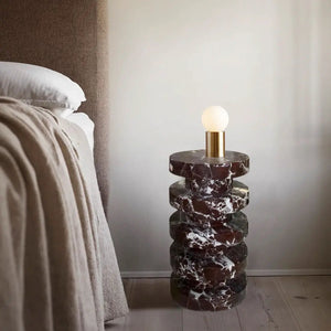 Rosso Levanto marble plinth side table with tiered pedestal base; polished finish, 12in diameter, 24in height.