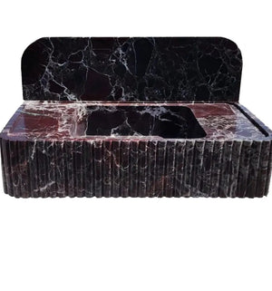 Rosso Levanto marble wall-mount bathroom sink with fluted front and 8-inch backsplash by Villohome