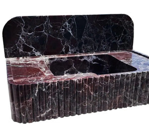 Rosso Levanto marble wall-mount bathroom sink with fluted front and 8-inch backsplash by Villohome