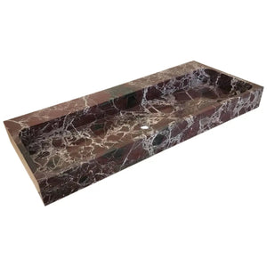 Rosso Levanto marble rectangular wall-mount sink, brown-red with white veining, 48in L x 20in W x 5in H.