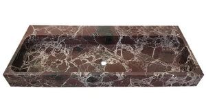 Rosso Levanto marble rectangular wall-mount sink, brown-red with white veining.