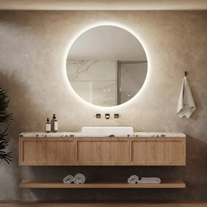Round backlit LED bathroom vanity mirror by HAUSVITA with dimmable lights