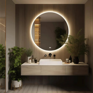 Round backlit LED bathroom vanity mirror with dimmable lights above a modern sink.