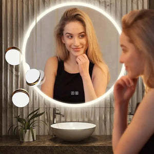 Round backlit LED bathroom vanity mirror by HAUSVITA with dimmable lights.