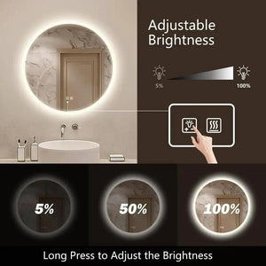 Round LED bathroom vanity mirror with dimmable lights, circular backlit glow above sink