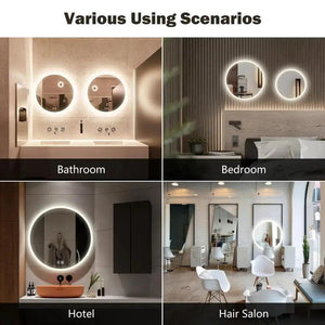 Round LED bathroom vanity mirror with dimmable lights; set of 4 shown in bathroom, bedroom, hotel, and hair salon.