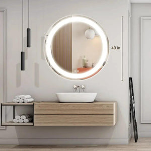 Round LED bathroom vanity mirror by HAUSVITA with dimmable lights, 40 in diameter above a wooden vanity.