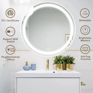 Round Led Mirror Bathroom Vanity Mirror With Dimmable Lights, LED ring and gold faucet visible above sink.