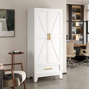 HomePacific white 2-door wardrobe armoire with storage drawer and hanging rod
